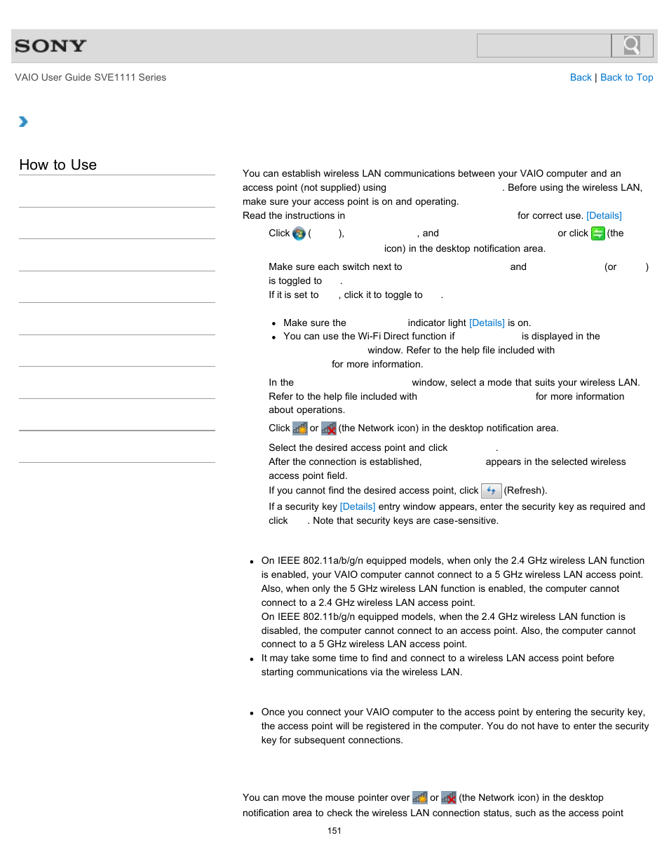 Starting wireless lan communications, How to use | Sony SVE11113FXW User Manual | Page 151 / 346