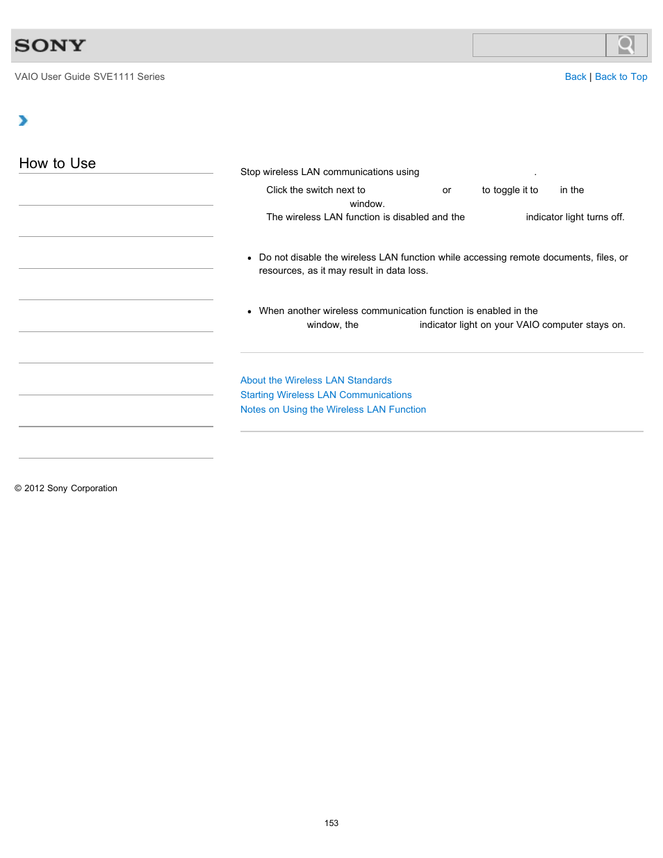 Stopping wireless lan communications, How to use | Sony SVE11113FXW User Manual | Page 153 / 346