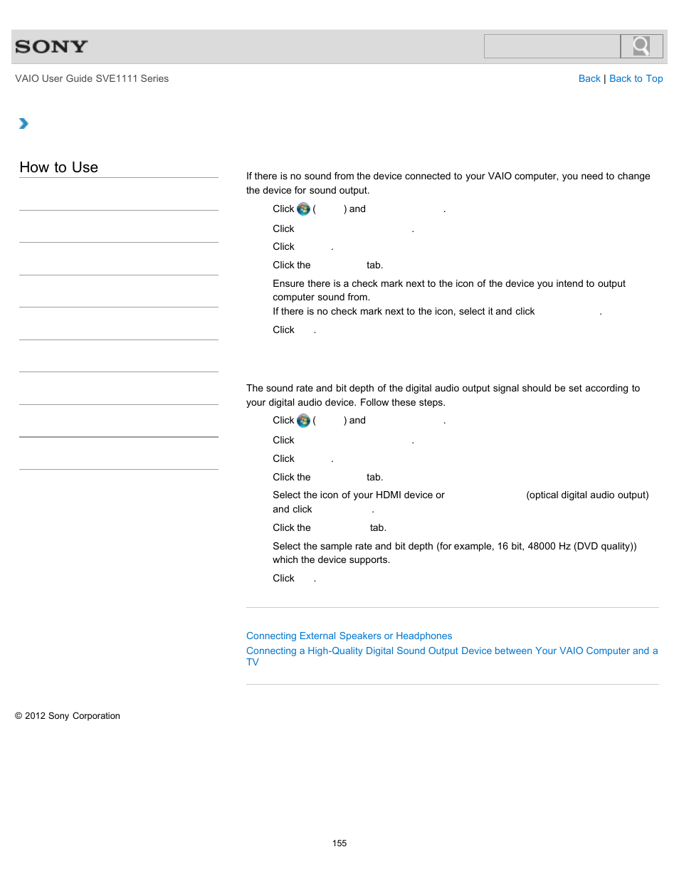 Changing the sound output device, How to use | Sony SVE11113FXW User Manual | Page 155 / 346