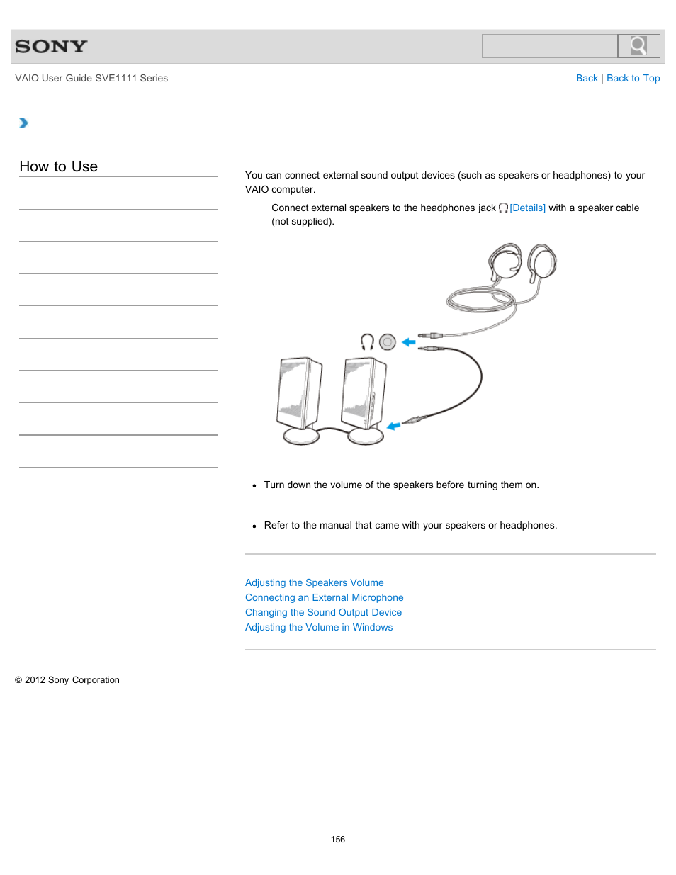 Connecting external speakers or headphones, Details, How to use | Sony SVE11113FXW User Manual | Page 156 / 346