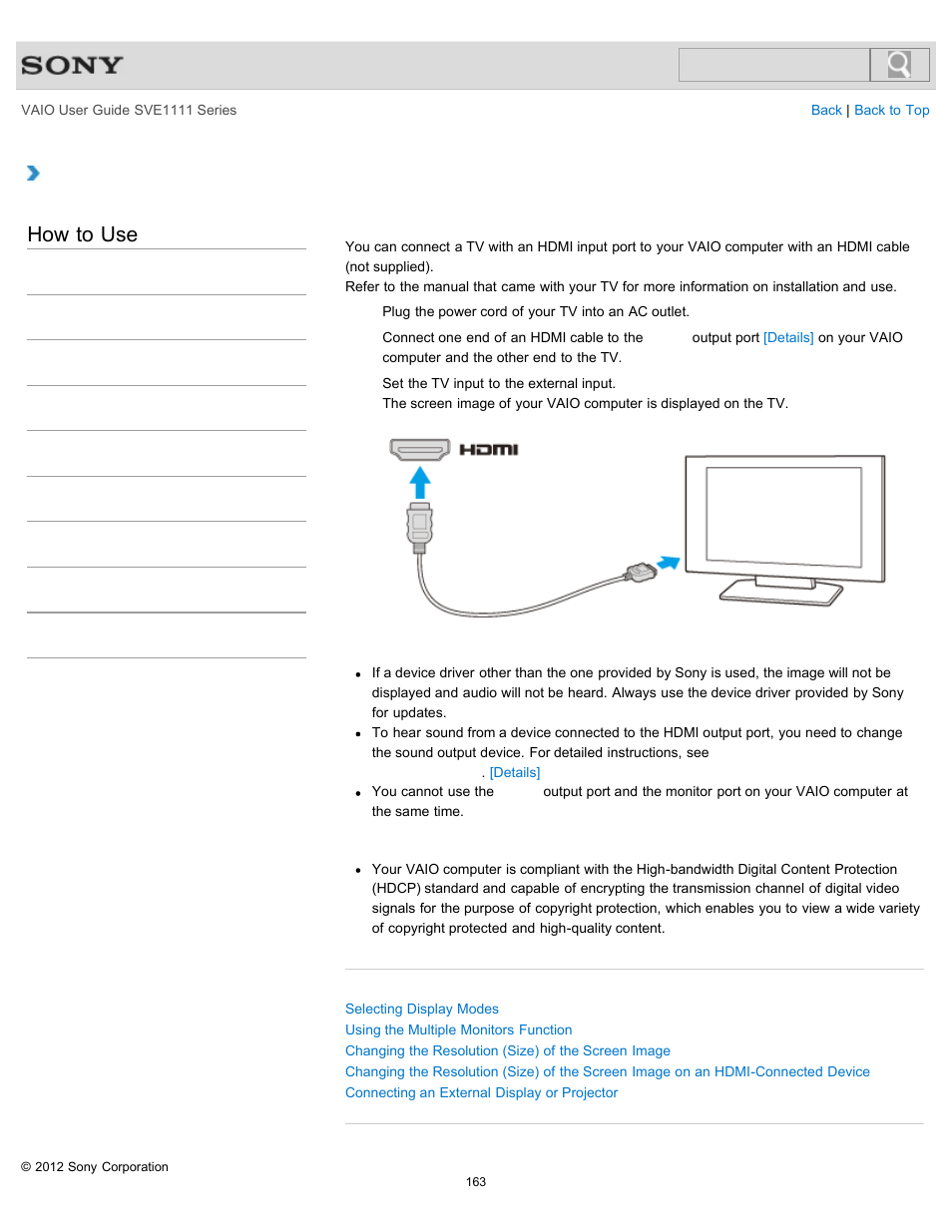 Connecting a tv with an hdmi input port, Details, How to use | Sony SVE11113FXW User Manual | Page 163 / 346