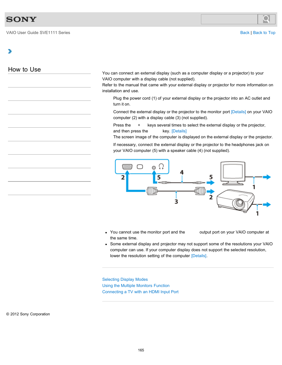 Connecting an external display or projector, Details, How to use | Sony SVE11113FXW User Manual | Page 165 / 346