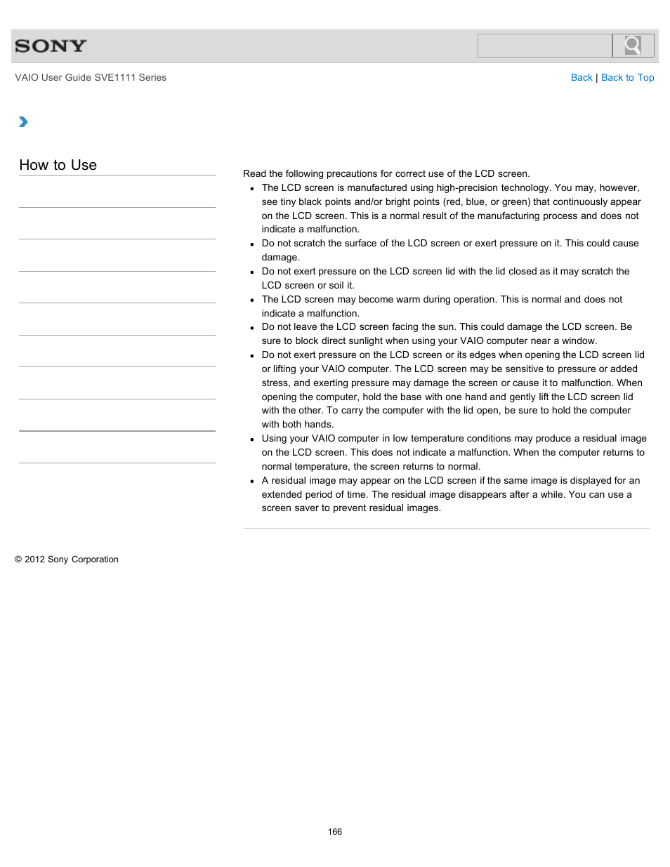 Notes on the lcd screen, How to use | Sony SVE11113FXW User Manual | Page 166 / 346