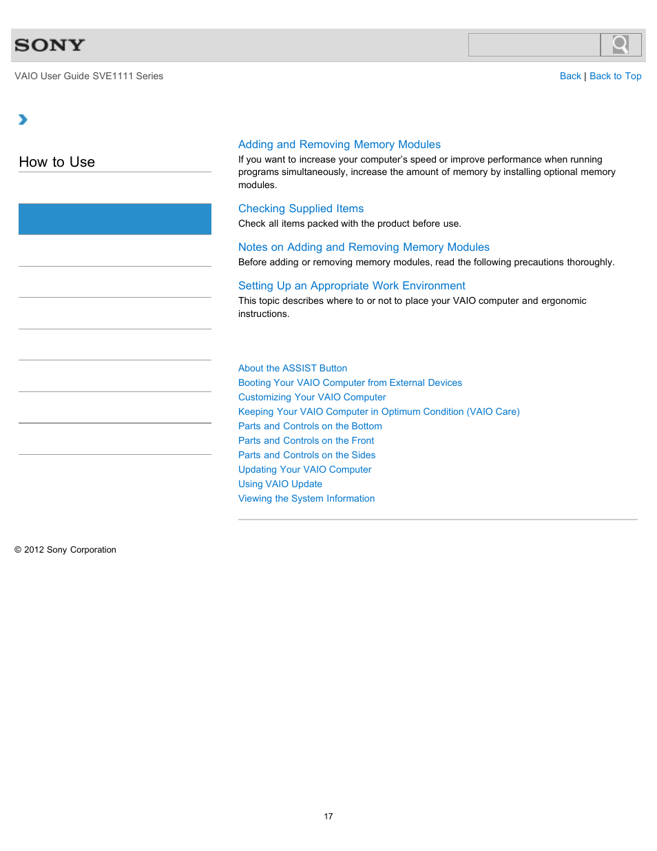 Vaio computer, How to use | Sony SVE11113FXW User Manual | Page 17 / 346