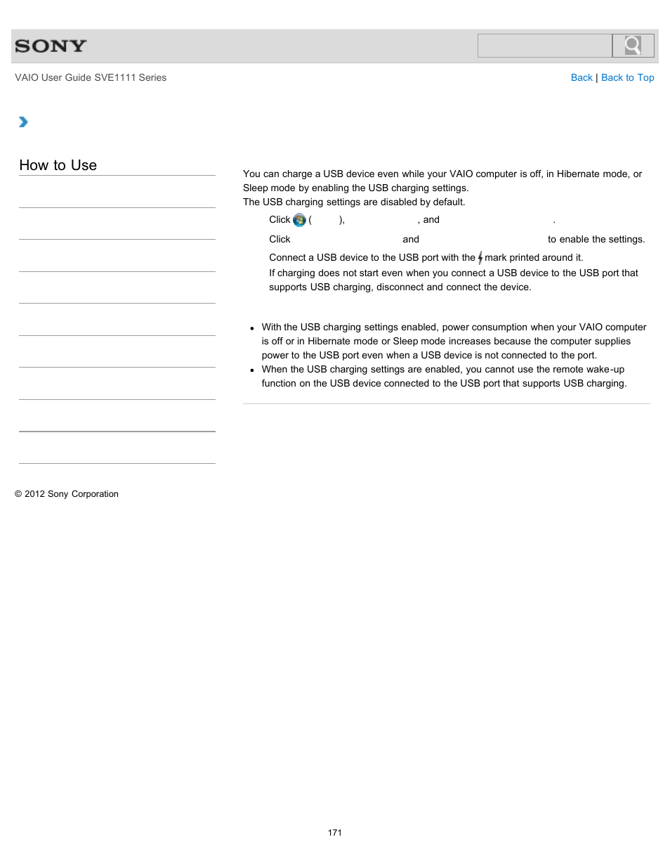 Charging a usb device, Details, How to use | Sony SVE11113FXW User Manual | Page 171 / 346