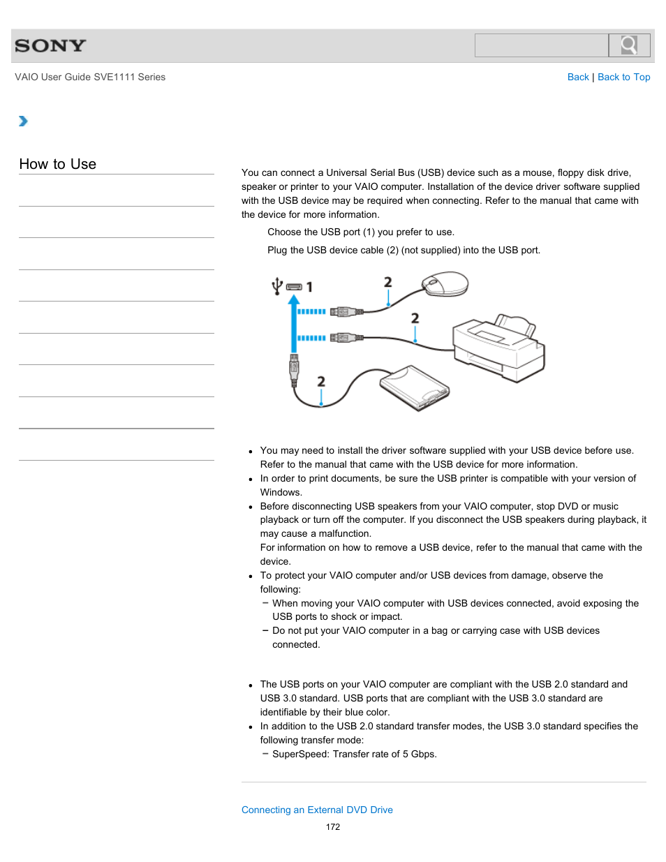 Connecting a usb device, Details, How to use | Sony SVE11113FXW User Manual | Page 172 / 346