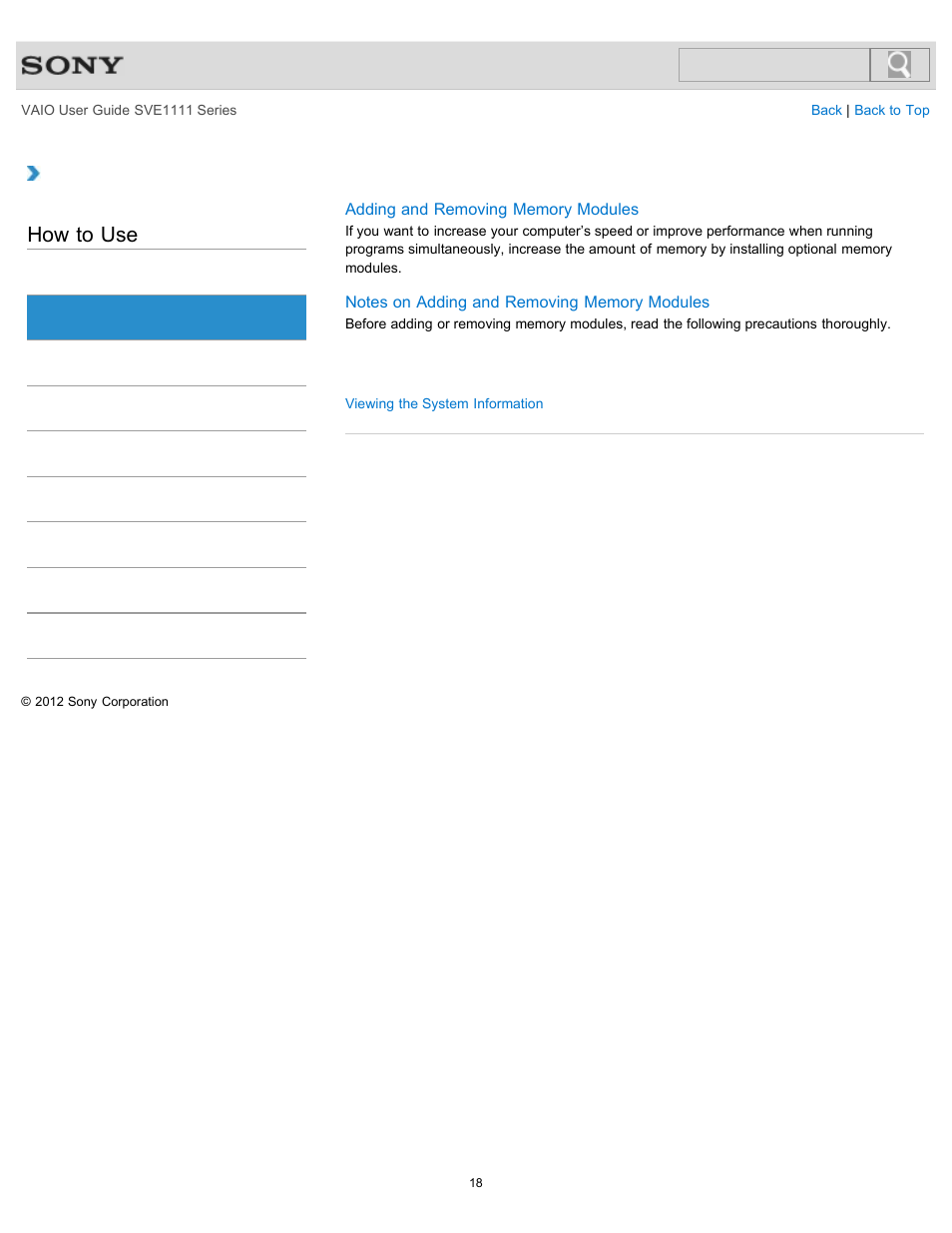 Memory module, How to use | Sony SVE11113FXW User Manual | Page 18 / 346