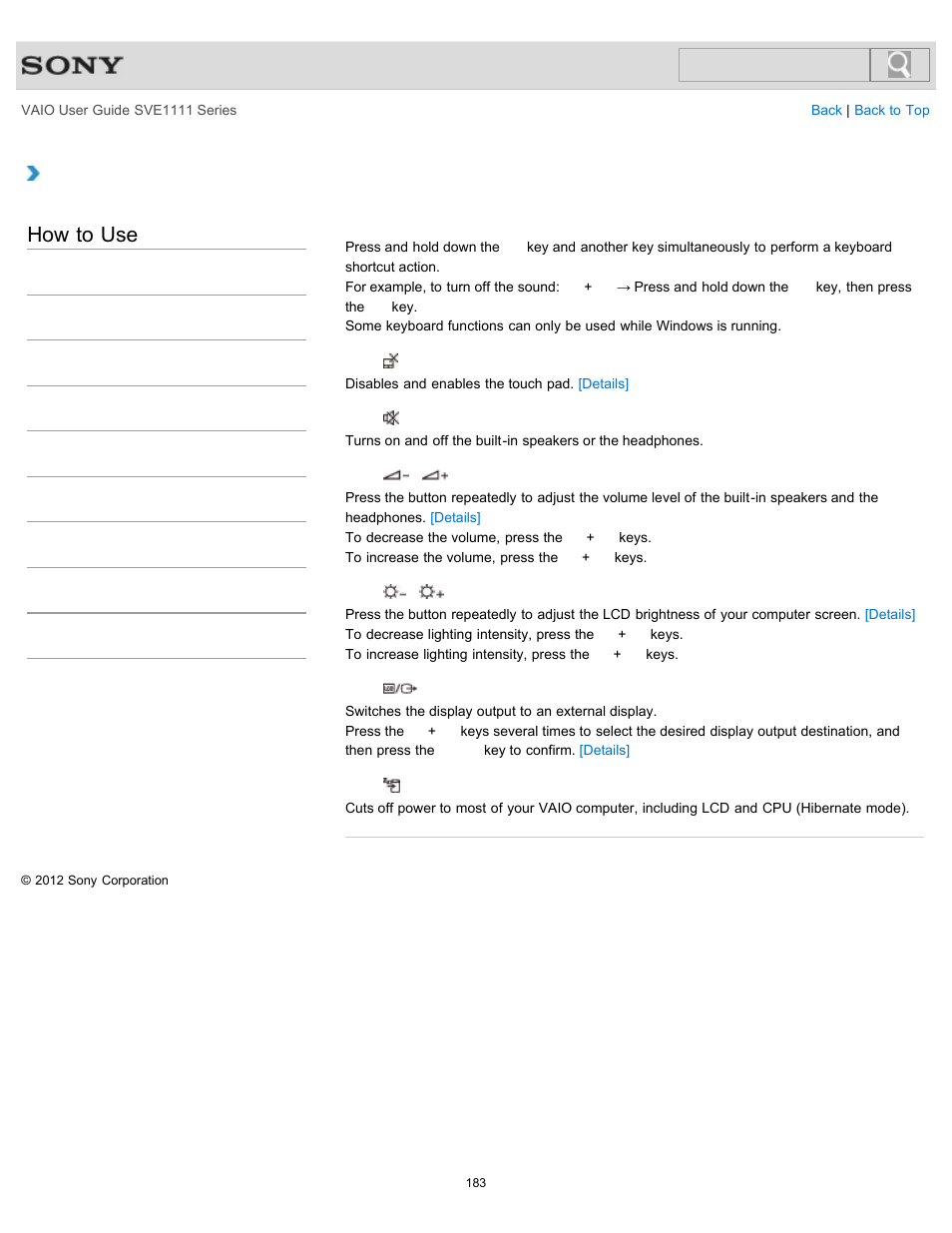 Combinations and functions with the fn key, How to use | Sony SVE11113FXW User Manual | Page 183 / 346