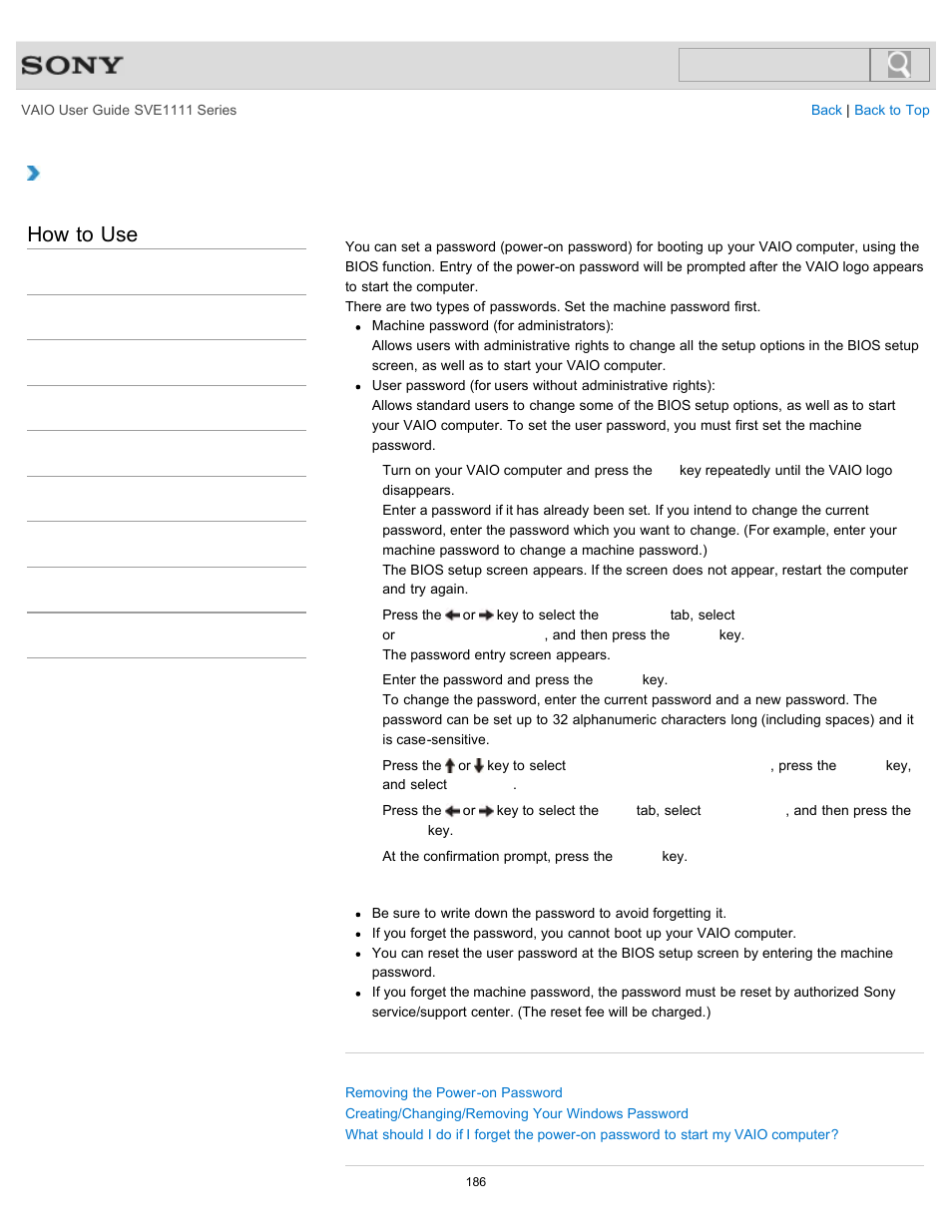 Setting/changing the power-on password, How to use | Sony SVE11113FXW User Manual | Page 186 / 346