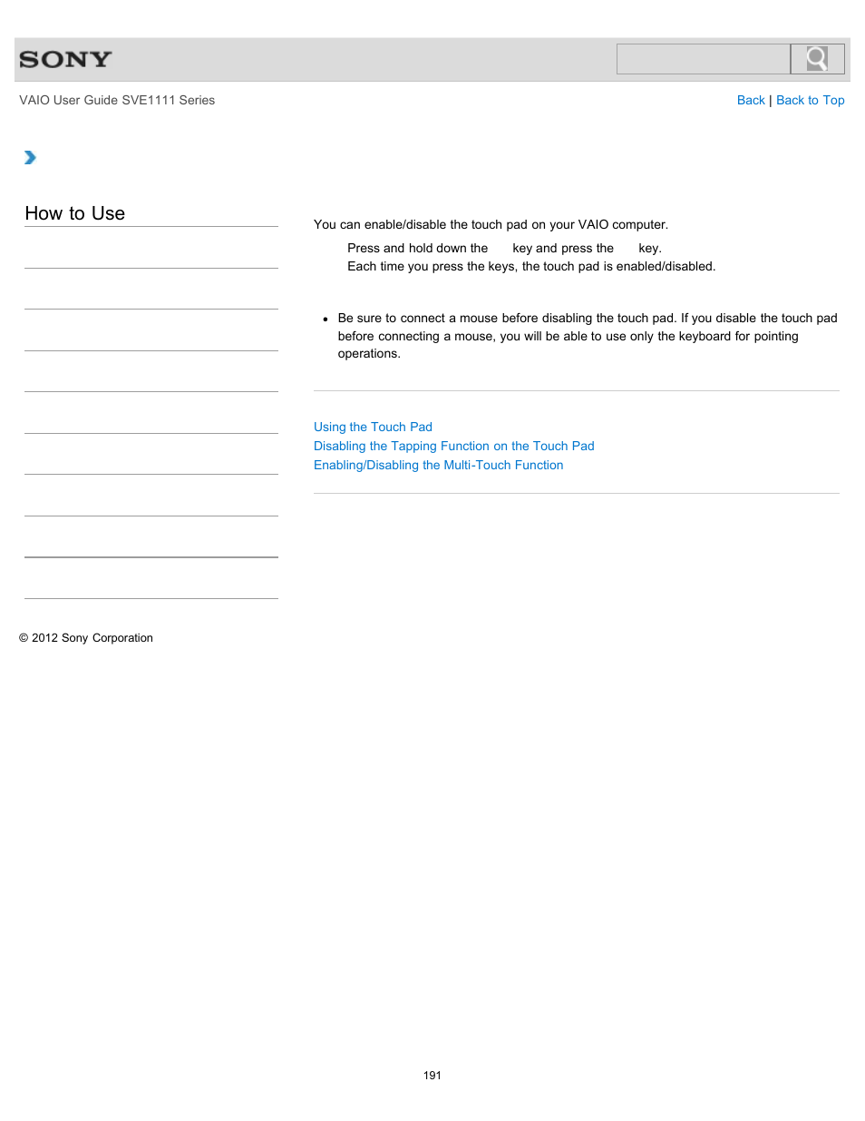 Enabling/disabling the touch pad, Details, How to use | Sony SVE11113FXW User Manual | Page 191 / 346