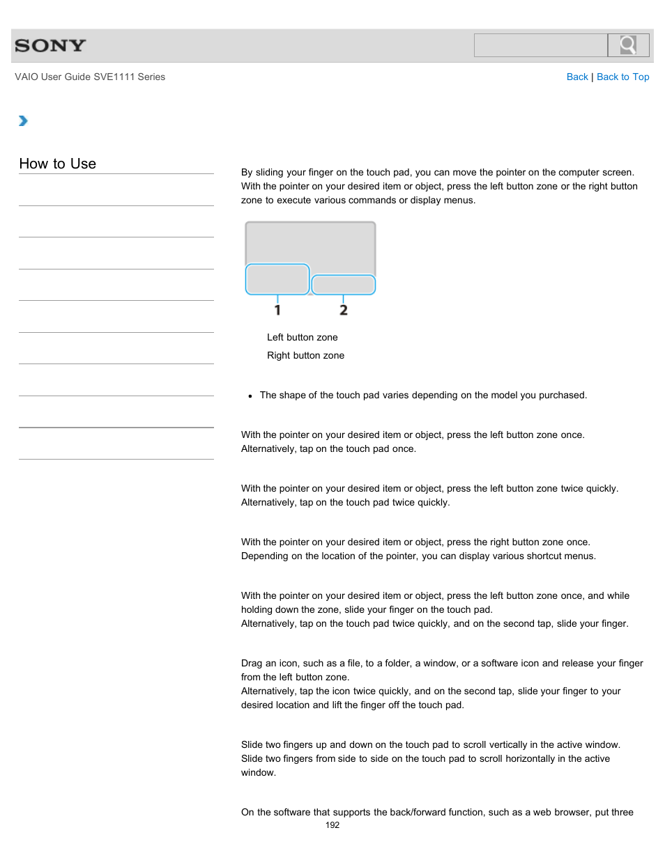 Using the touch pad, Details, How to use | Sony SVE11113FXW User Manual | Page 192 / 346