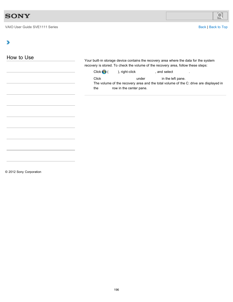 Checking the volume of the recovery area, How to use | Sony SVE11113FXW User Manual | Page 196 / 346