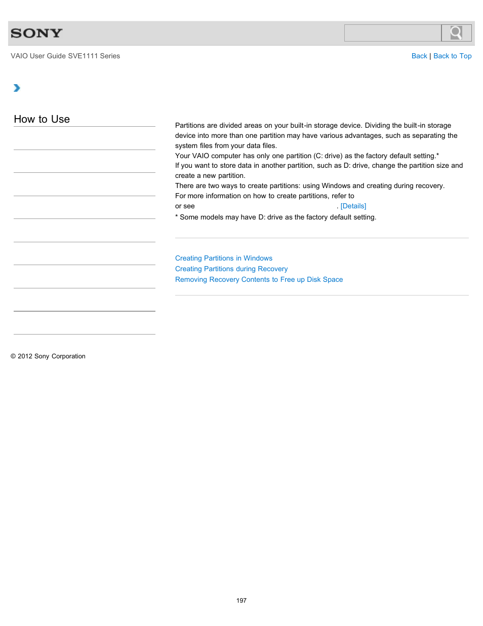 Creating other drives (modifying partitions), How to use | Sony SVE11113FXW User Manual | Page 197 / 346