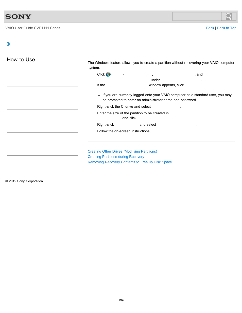 Creating partitions in windows, How to use | Sony SVE11113FXW User Manual | Page 199 / 346