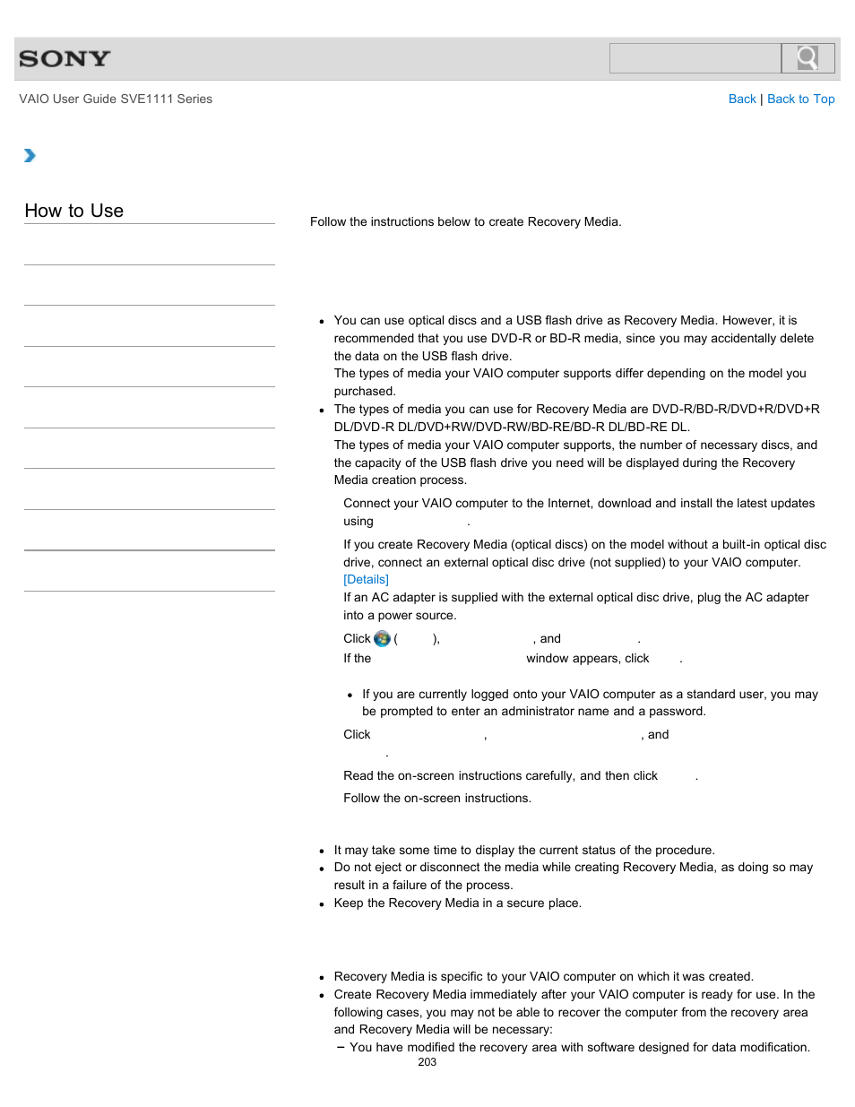 Creating recovery media, Details, How to use | Sony SVE11113FXW User Manual | Page 203 / 346