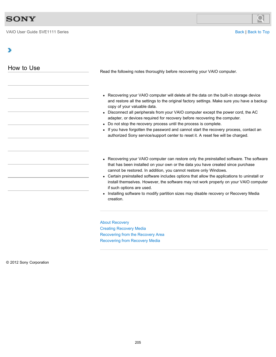 Notes on recovery, How to use | Sony SVE11113FXW User Manual | Page 205 / 346