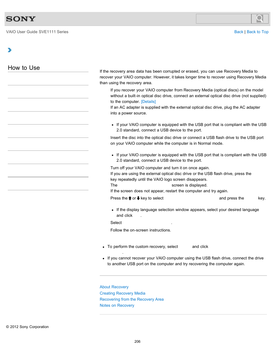 Recovering from recovery media, How to use | Sony SVE11113FXW User Manual | Page 206 / 346