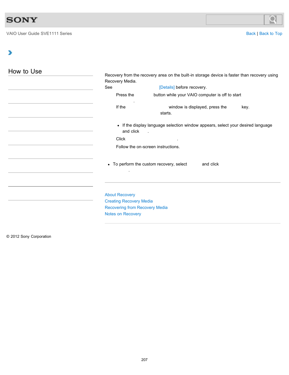 Recovering from the recovery area, Details, How to use | Sony SVE11113FXW User Manual | Page 207 / 346