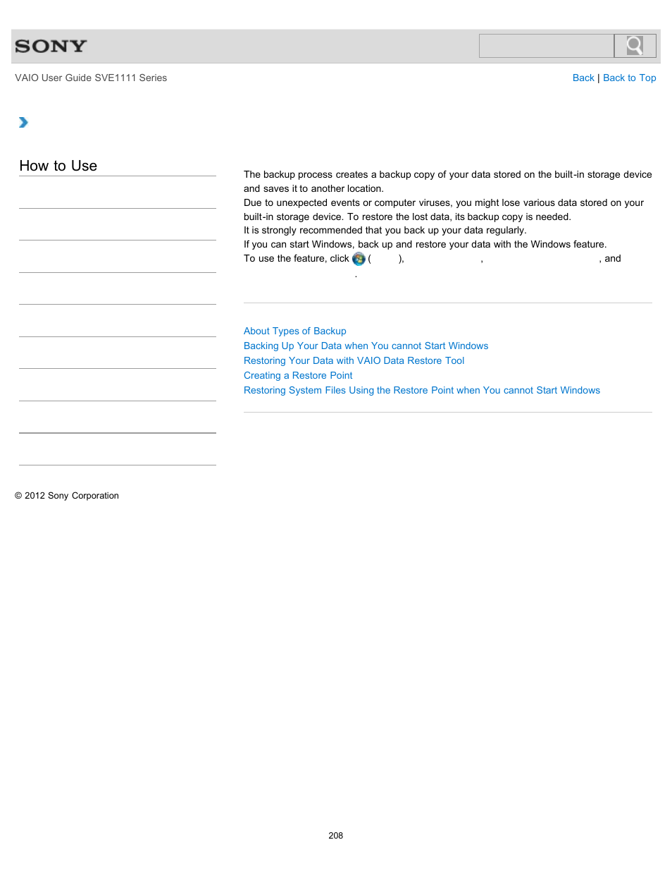 About backup, How to use | Sony SVE11113FXW User Manual | Page 208 / 346