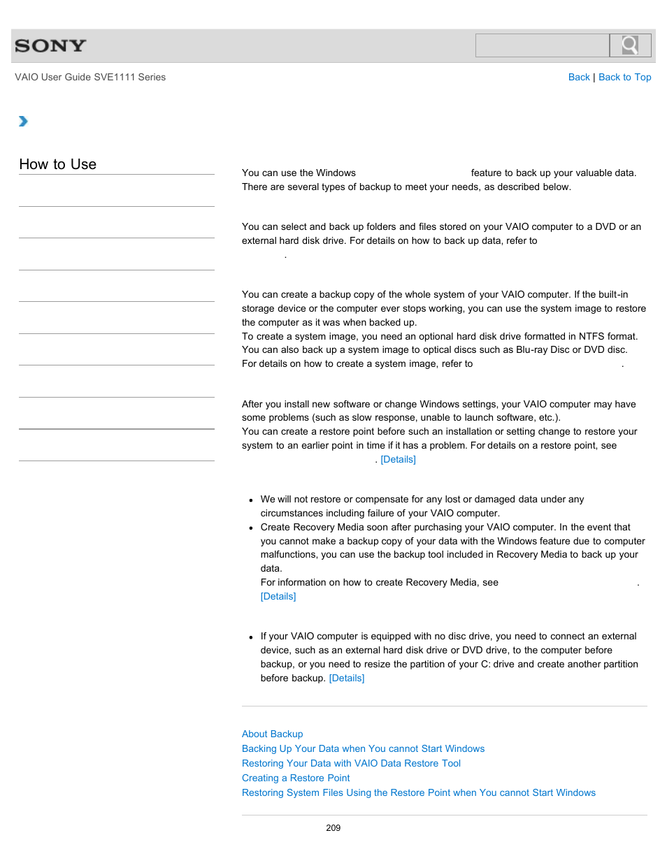 About types of backup, How to use | Sony SVE11113FXW User Manual | Page 209 / 346