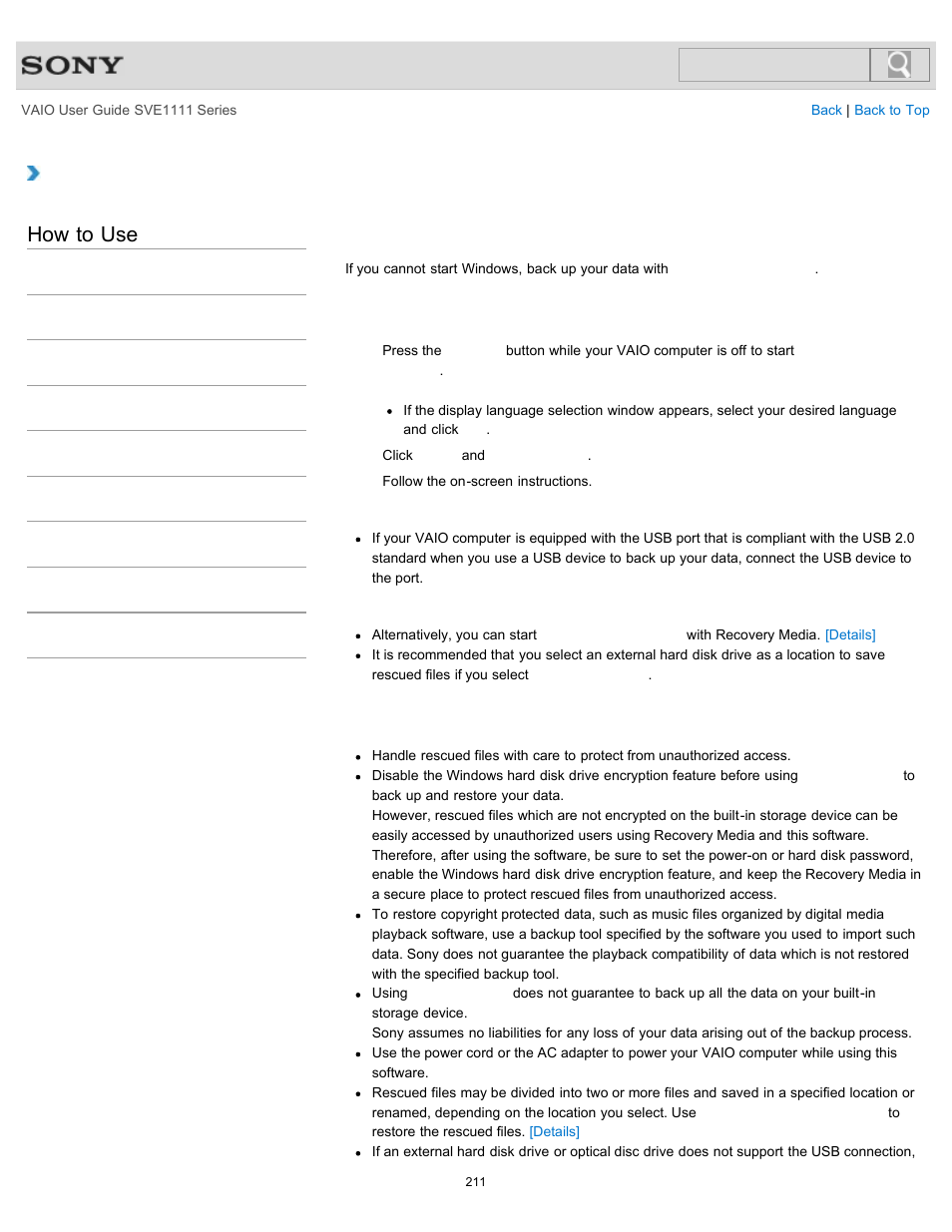 Backing up your data when you cannot start windows, How to use | Sony SVE11113FXW User Manual | Page 211 / 346