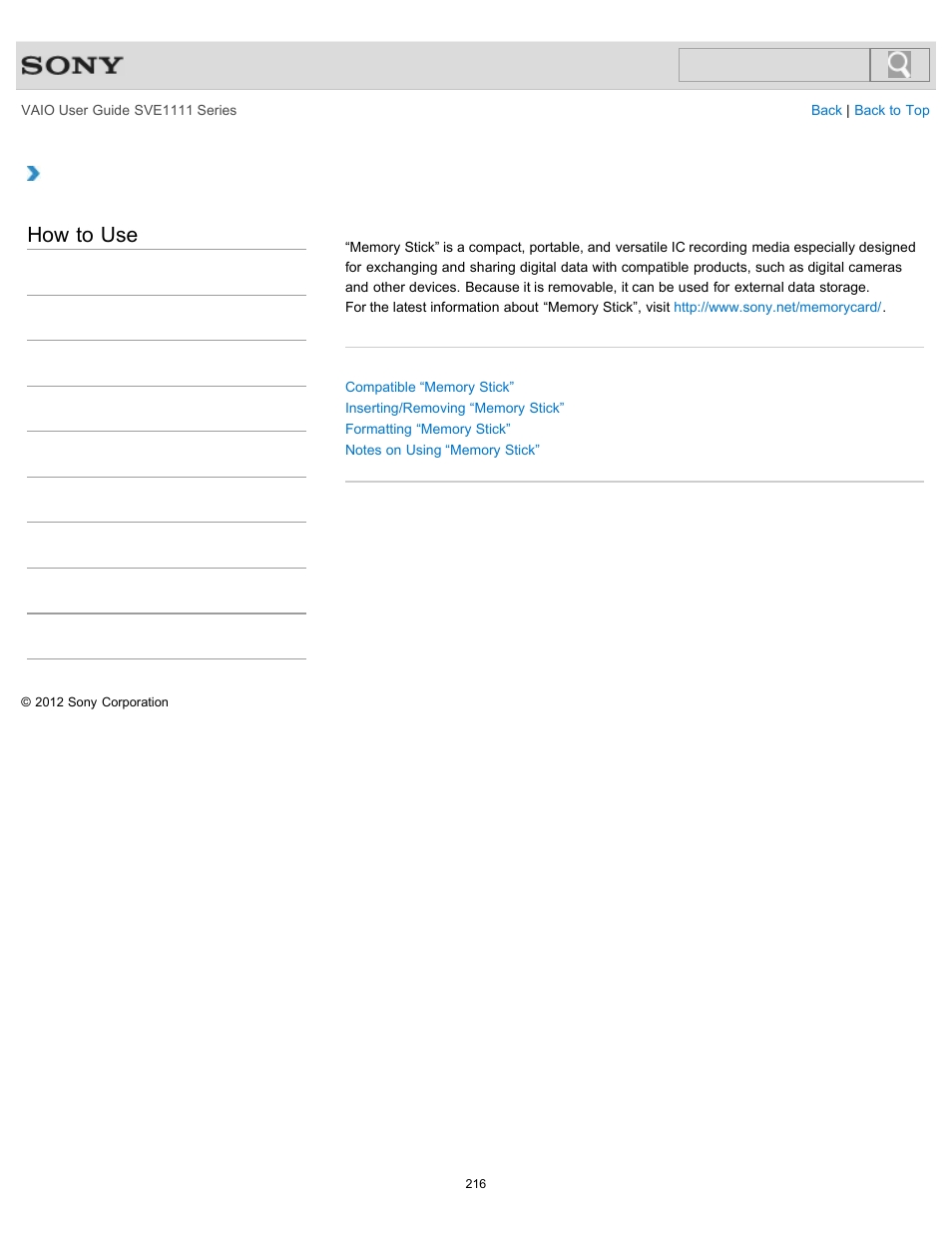 About “memory stick, How to use | Sony SVE11113FXW User Manual | Page 216 / 346