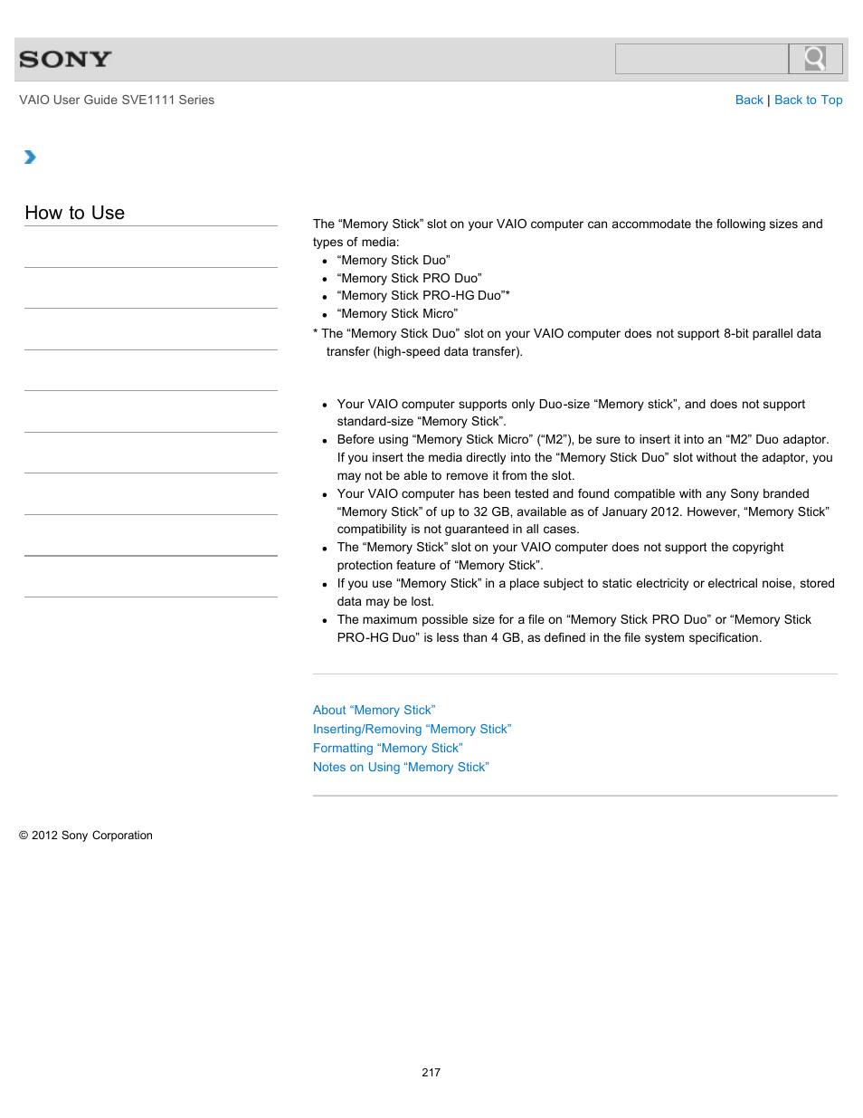 Compatible “memory stick, How to use | Sony SVE11113FXW User Manual | Page 217 / 346