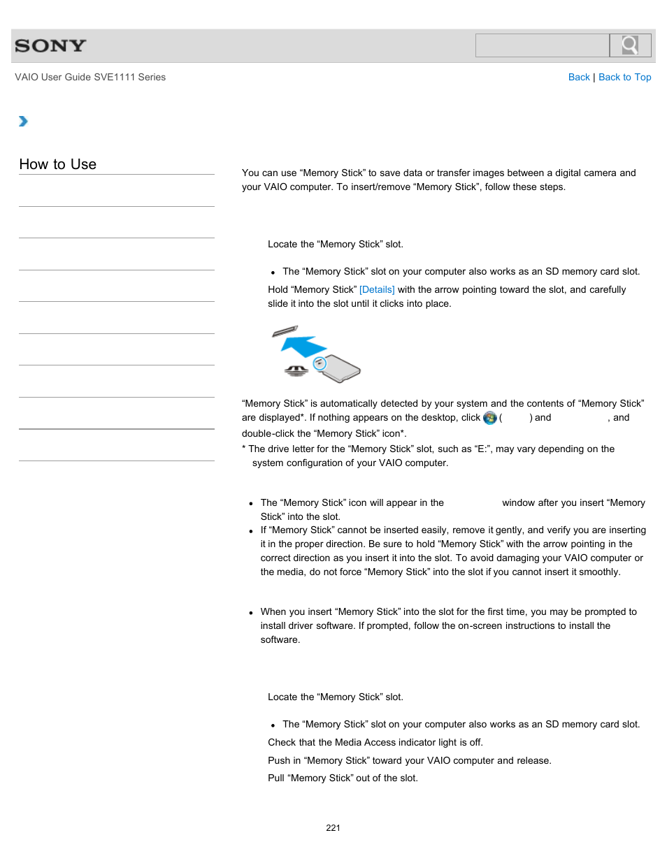 Inserting/removing “memory stick, Details, How to use | Sony SVE11113FXW User Manual | Page 221 / 346