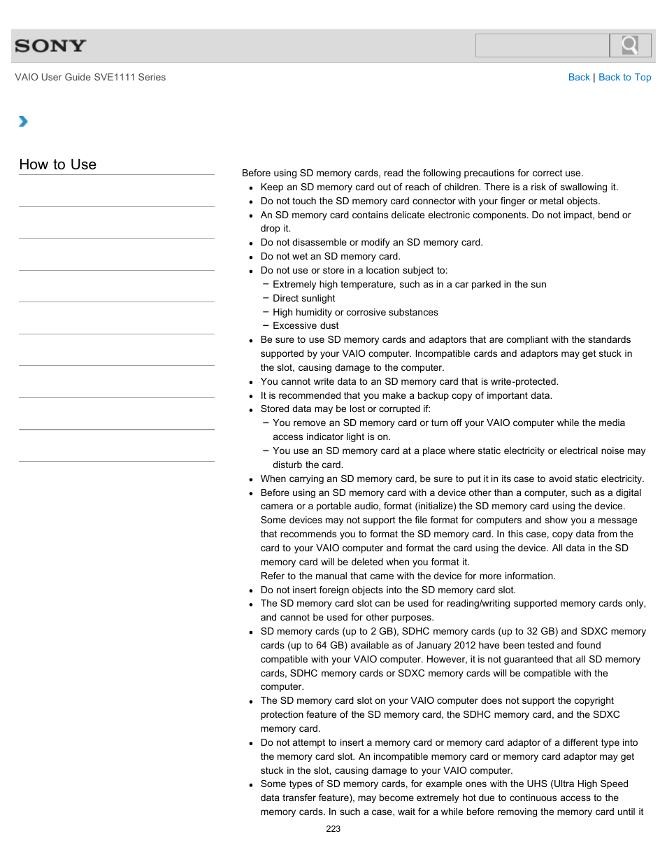 Notes on using sd memory cards, How to use | Sony SVE11113FXW User Manual | Page 223 / 346