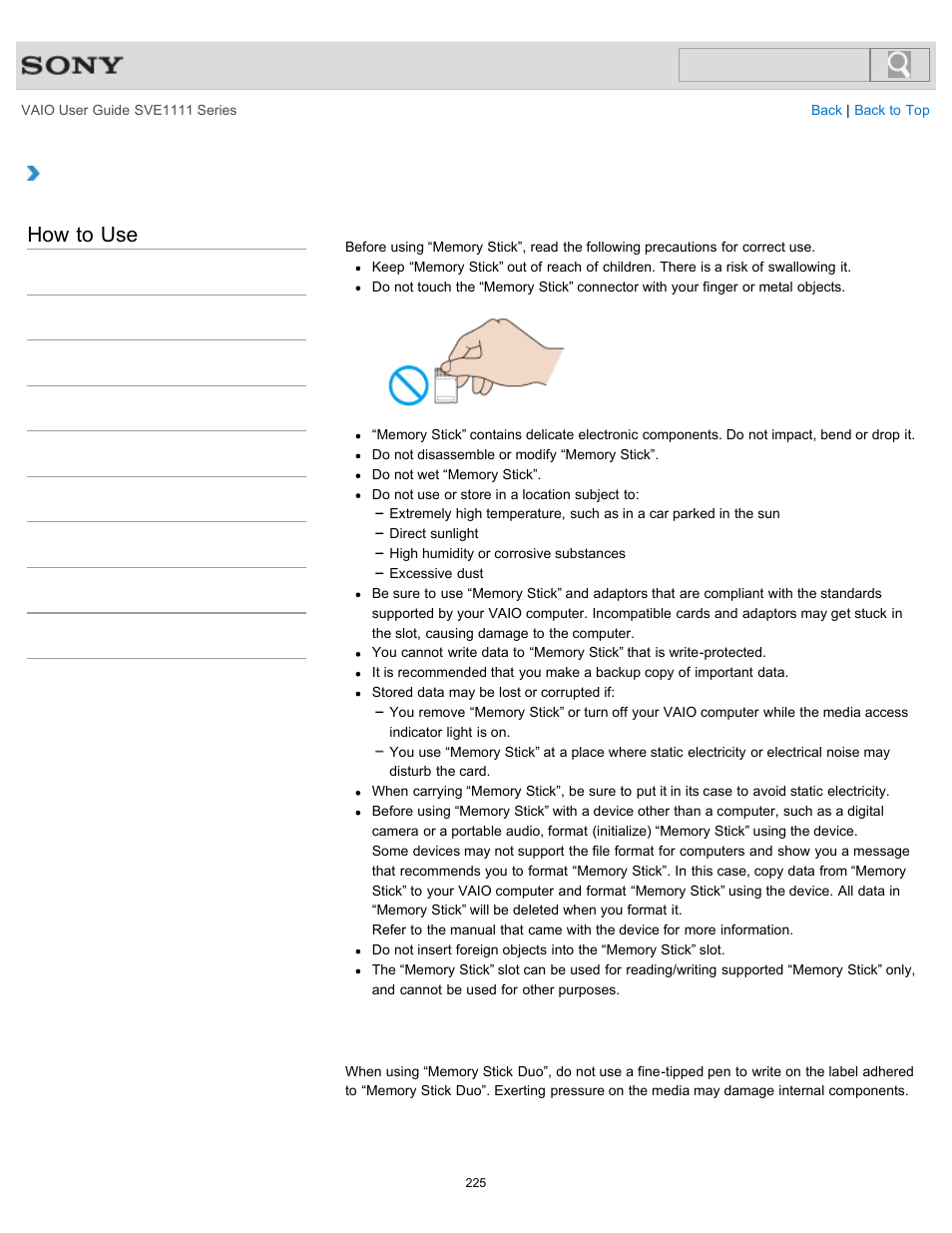 Notes on using “memory stick, How to use | Sony SVE11113FXW User Manual | Page 225 / 346