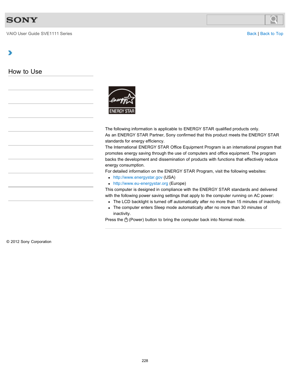 About the international energy star(r) program, How to use | Sony SVE11113FXW User Manual | Page 228 / 346