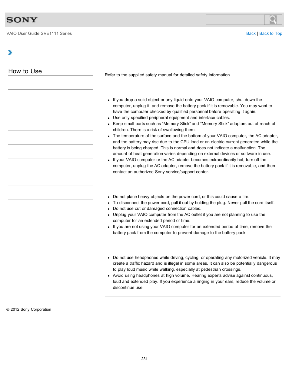 Safety information, How to use | Sony SVE11113FXW User Manual | Page 231 / 346