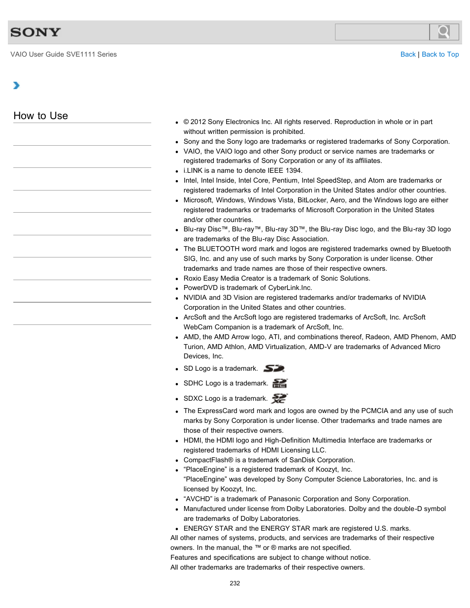 Trademarks, How to use | Sony SVE11113FXW User Manual | Page 232 / 346