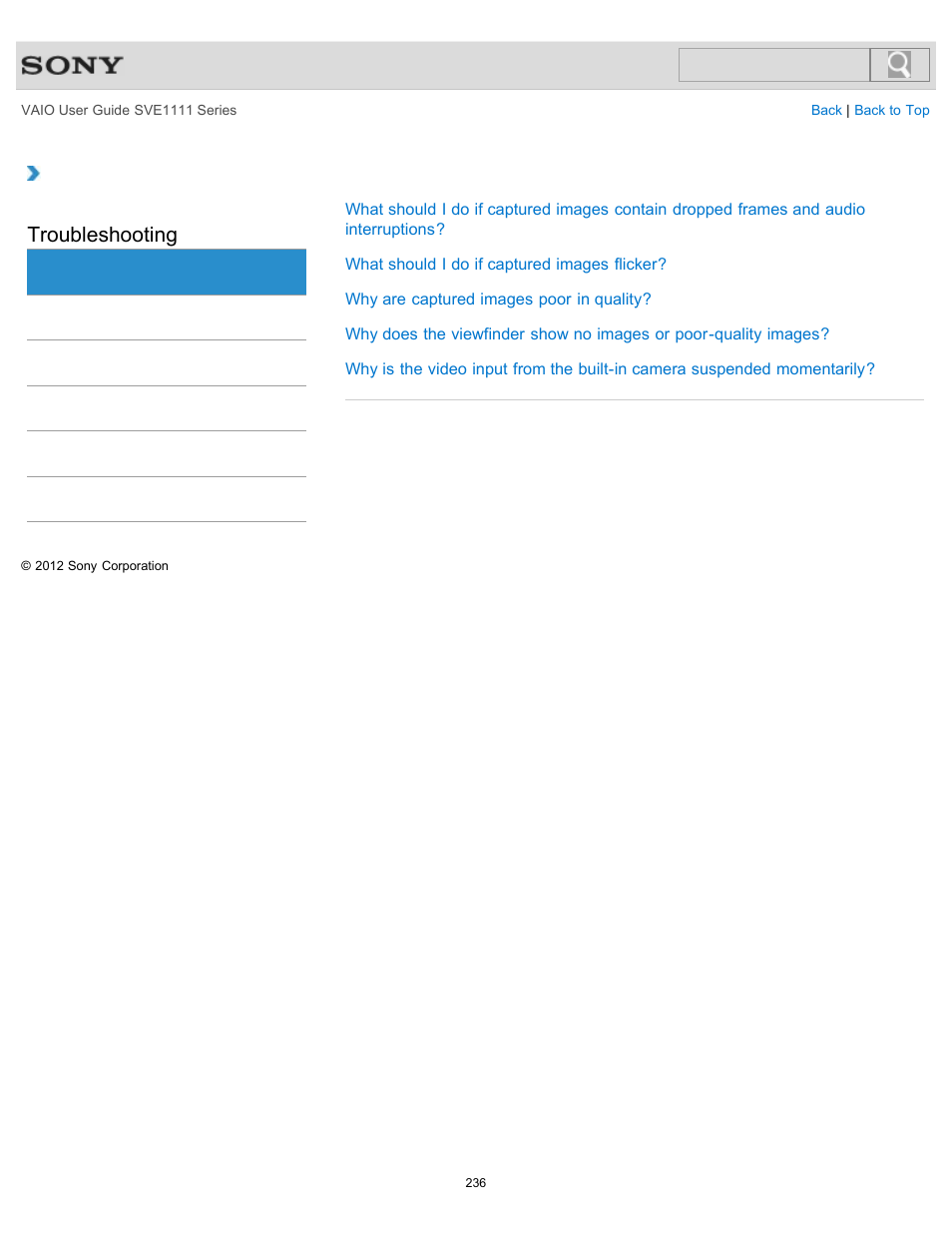 Camera, Troubleshooting | Sony SVE11113FXW User Manual | Page 236 / 346