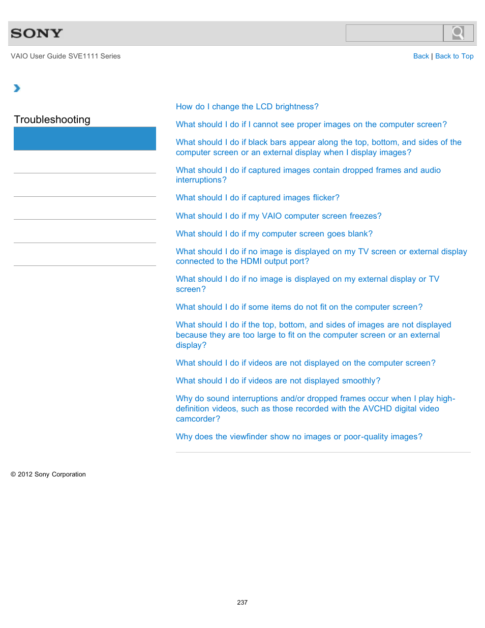 Display, Troubleshooting | Sony SVE11113FXW User Manual | Page 237 / 346