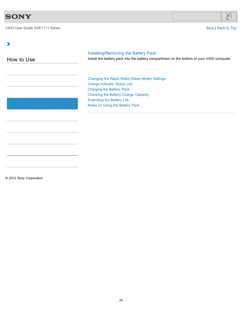 Battery, How to use | Sony SVE11113FXW User Manual | Page 24 / 346