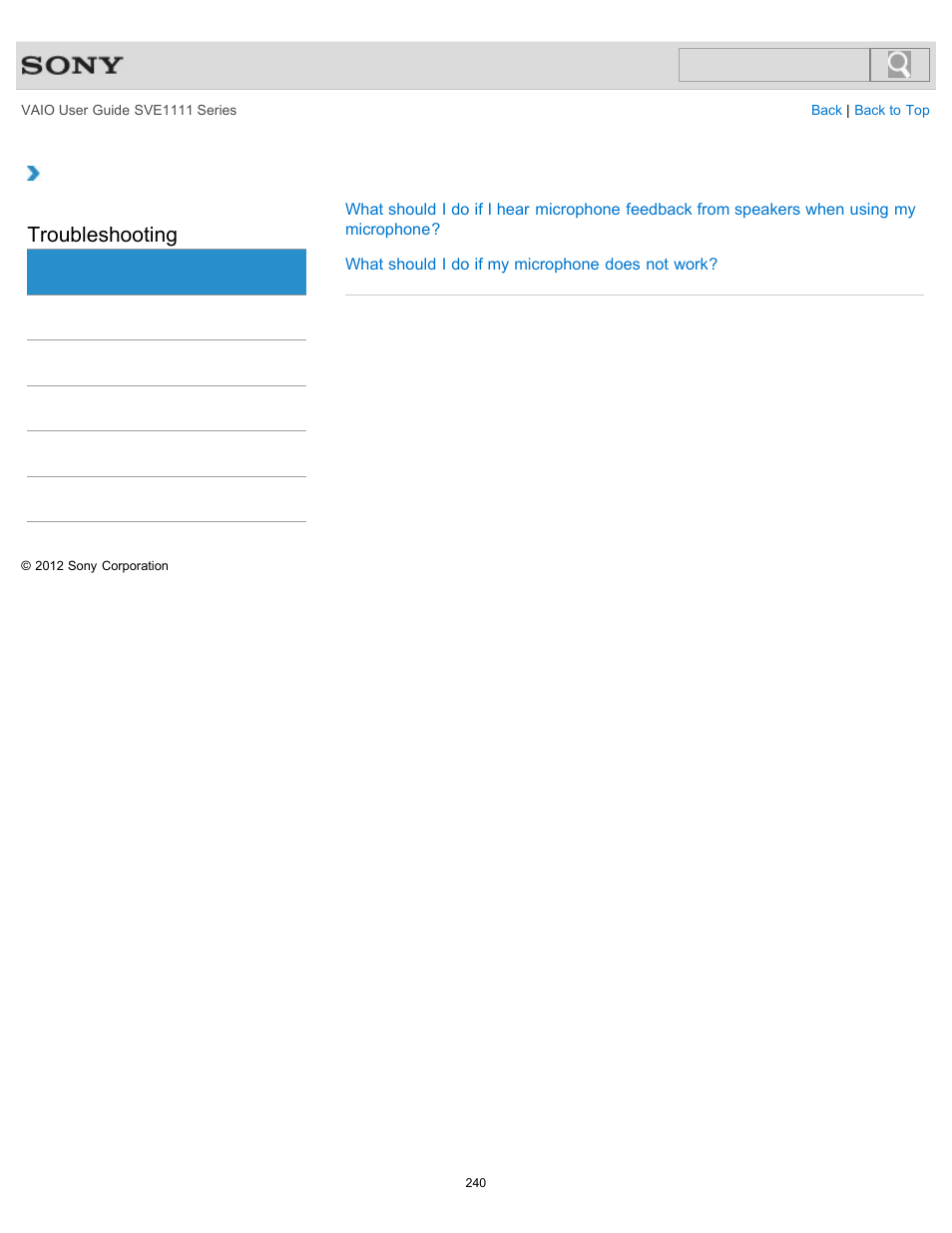 Microphone, Troubleshooting | Sony SVE11113FXW User Manual | Page 240 / 346