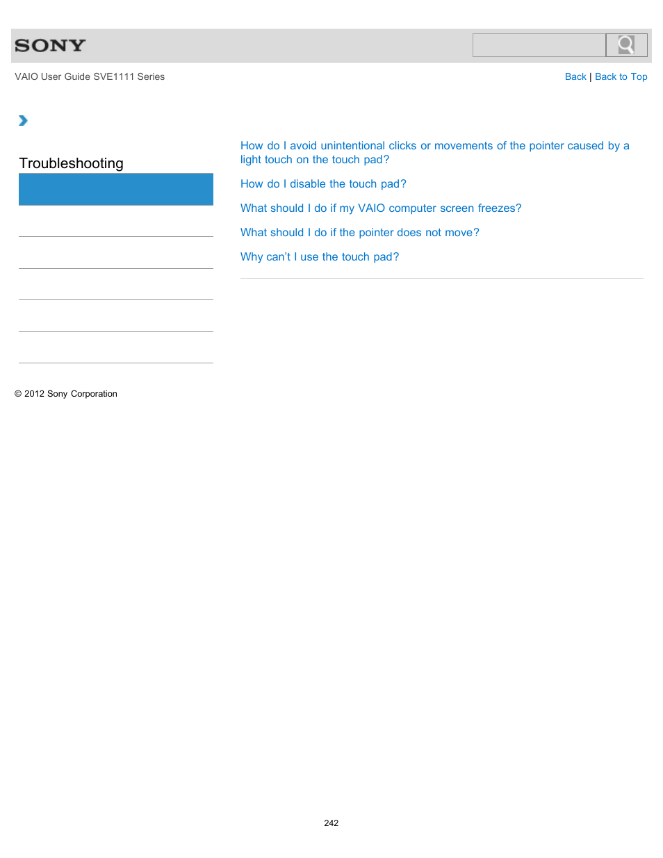 Touch pad, Troubleshooting | Sony SVE11113FXW User Manual | Page 242 / 346