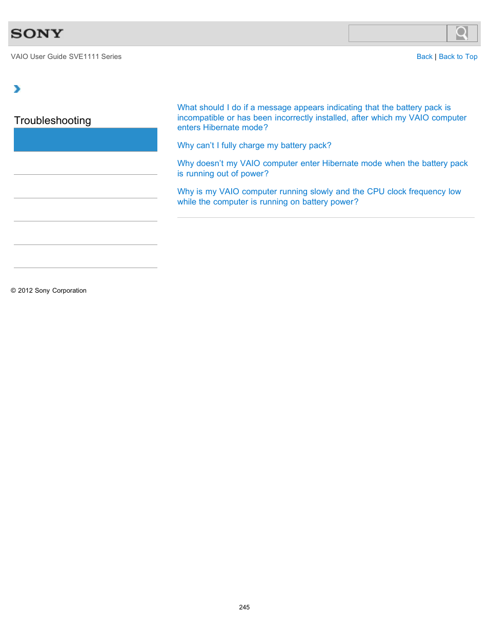 Battery, Troubleshooting | Sony SVE11113FXW User Manual | Page 245 / 346