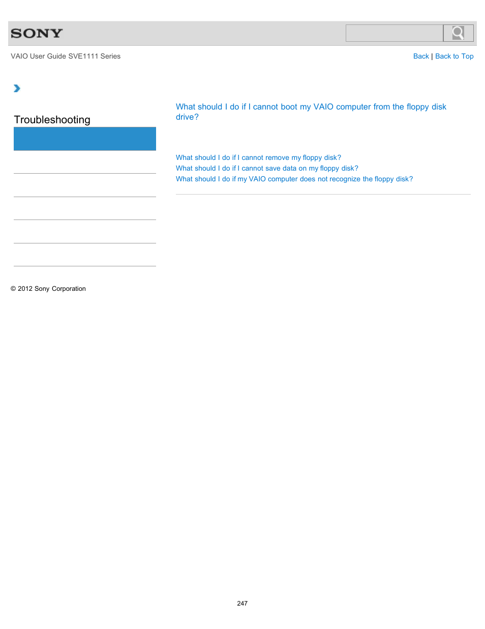 Floppy disk, Troubleshooting | Sony SVE11113FXW User Manual | Page 247 / 346