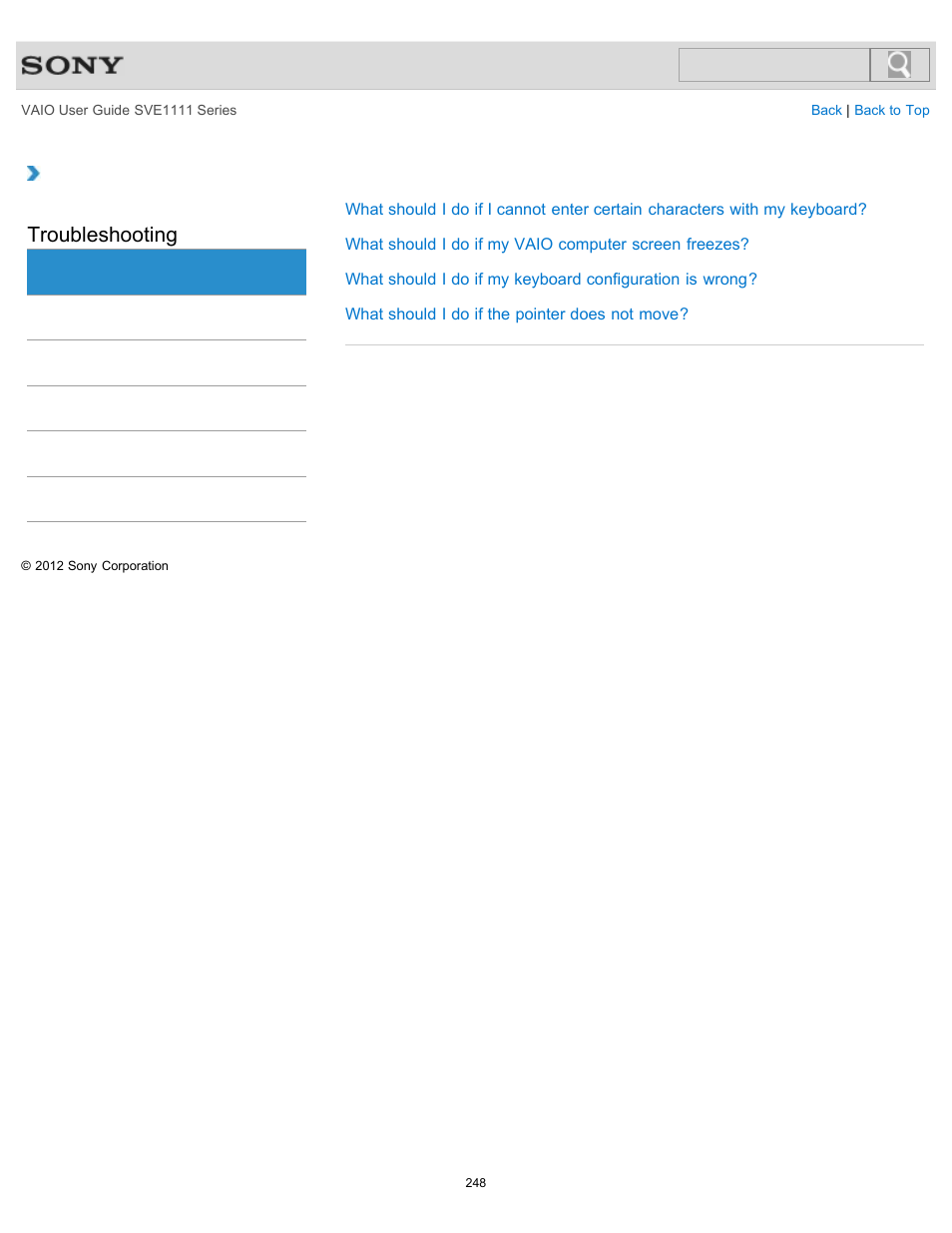 Keyboard, Troubleshooting | Sony SVE11113FXW User Manual | Page 248 / 346