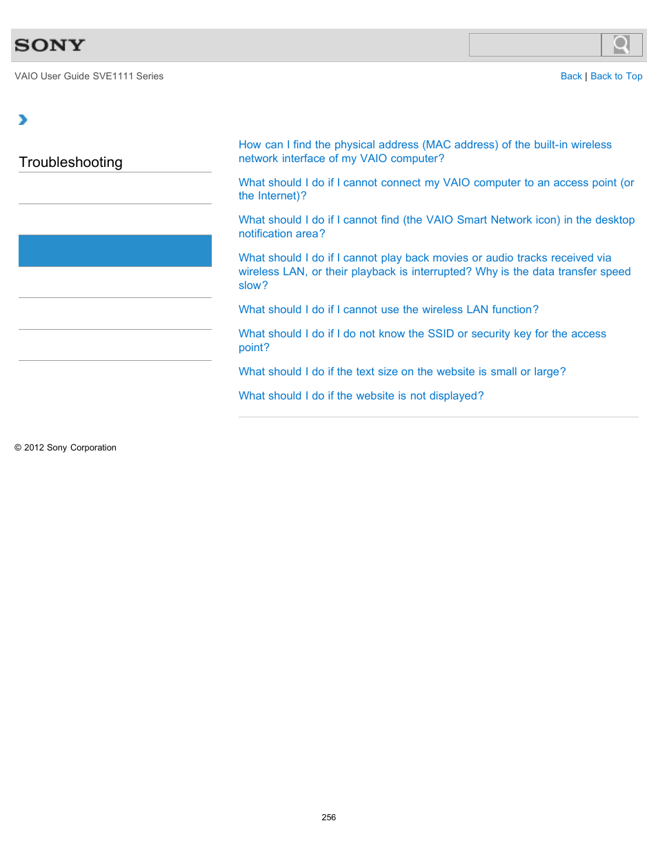 Wireless lan, Troubleshooting | Sony SVE11113FXW User Manual | Page 256 / 346