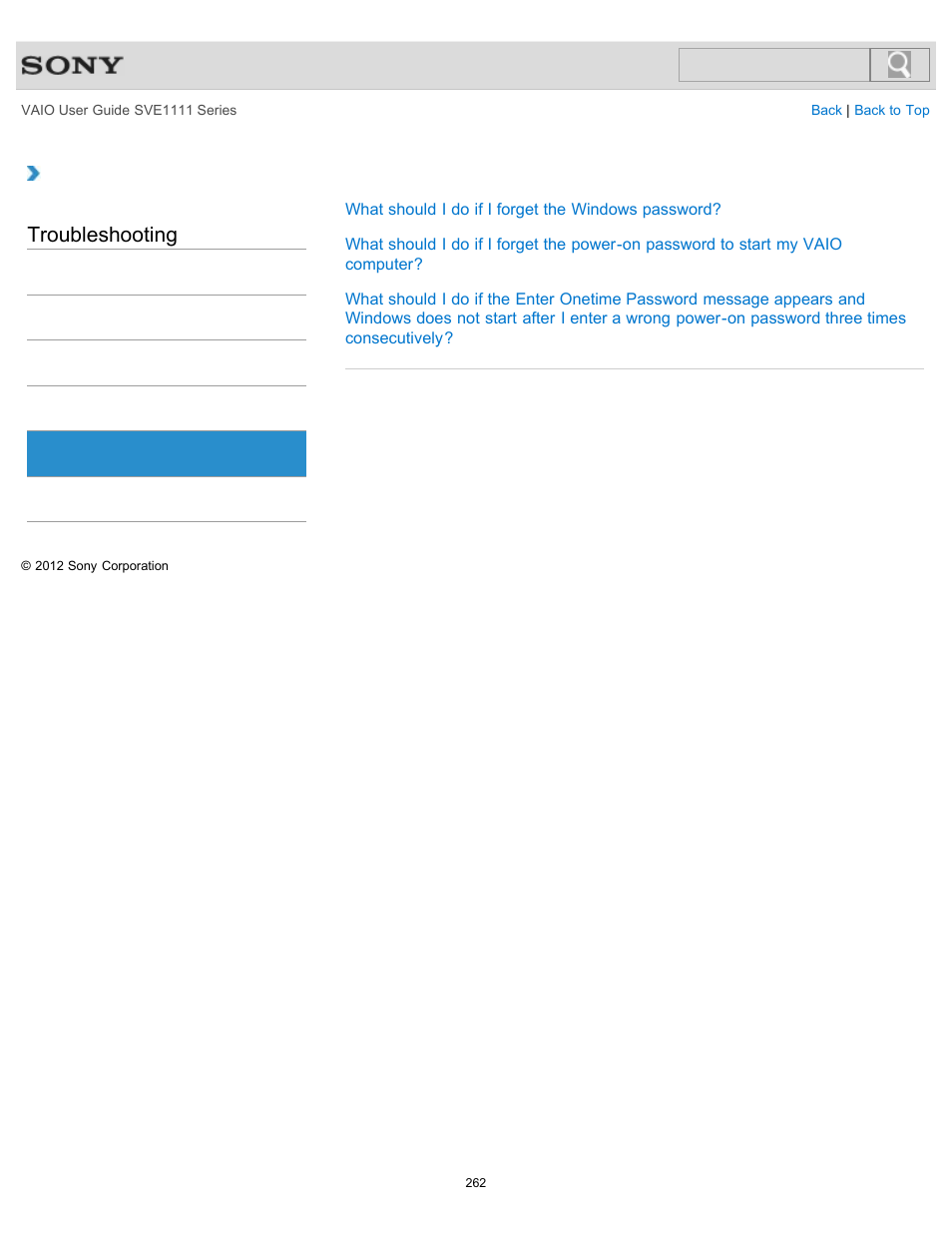 Password, Troubleshooting | Sony SVE11113FXW User Manual | Page 262 / 346