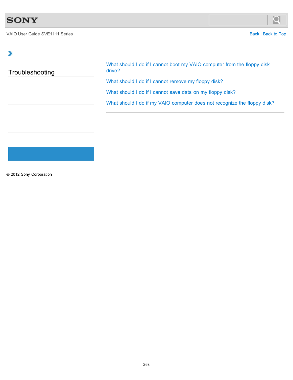 Floppy disk, Troubleshooting | Sony SVE11113FXW User Manual | Page 263 / 346