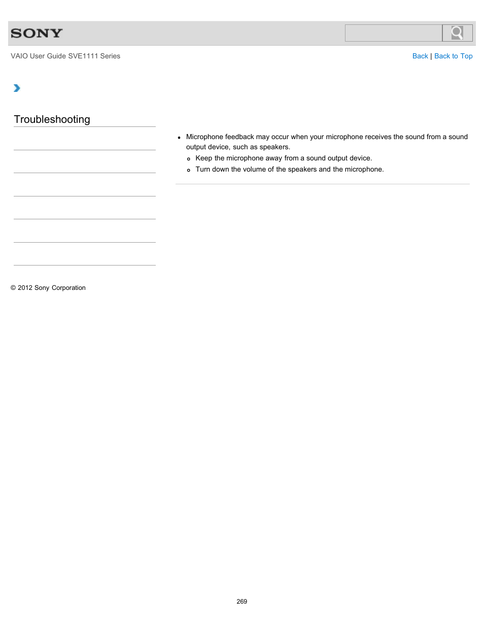 Microphone, Troubleshooting | Sony SVE11113FXW User Manual | Page 269 / 346