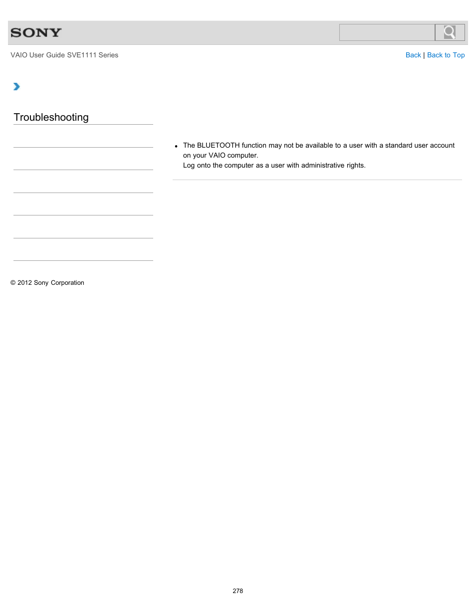 Computer as a user with a standard user account, Troubleshooting | Sony SVE11113FXW User Manual | Page 278 / 346