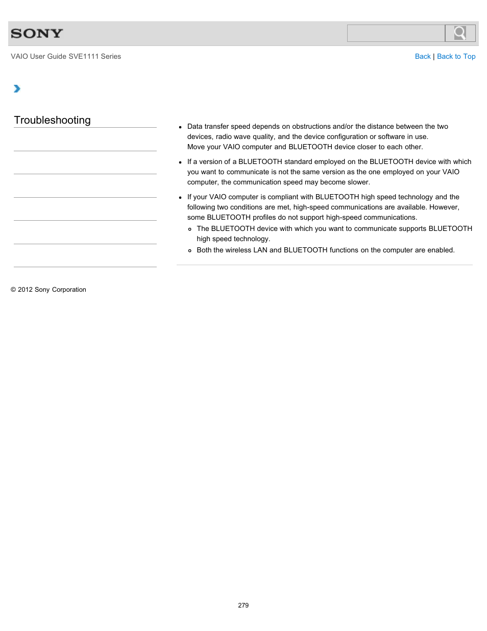 Why is my bluetooth(r) connection slow, Troubleshooting | Sony SVE11113FXW User Manual | Page 279 / 346