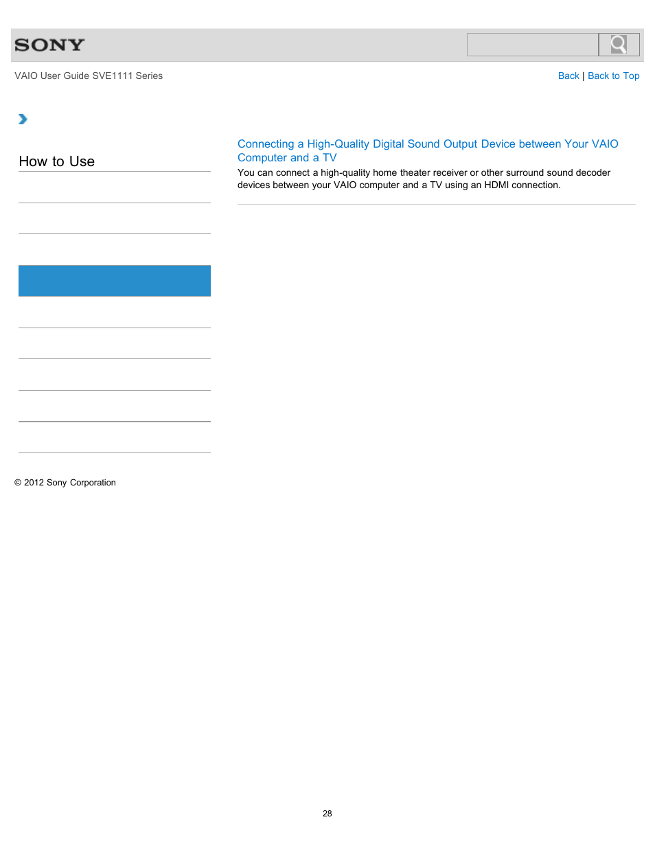 Optical digital output, How to use | Sony SVE11113FXW User Manual | Page 28 / 346