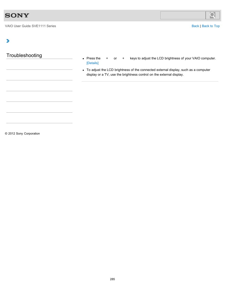 How do i change the lcd brightness, Troubleshooting | Sony SVE11113FXW User Manual | Page 285 / 346