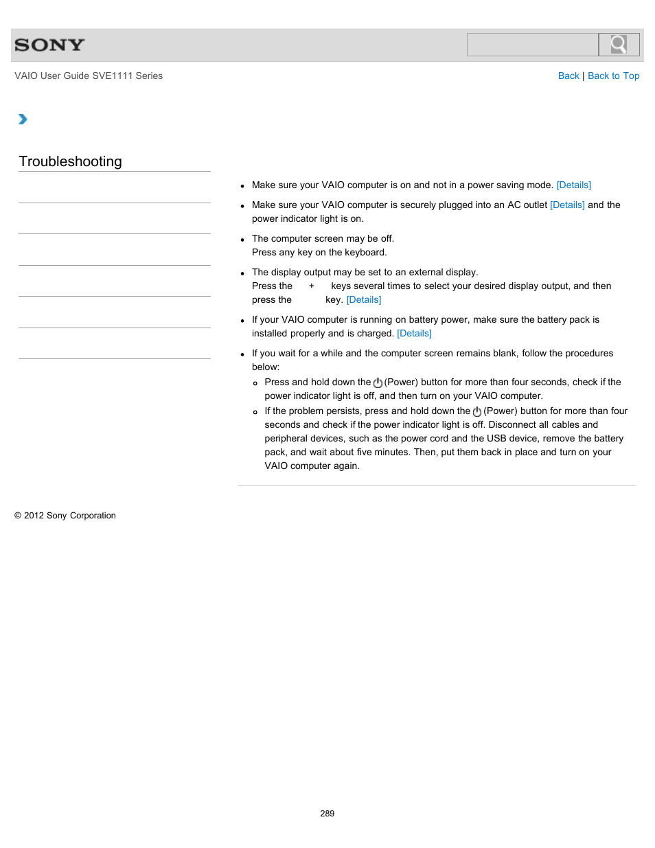 What should i do if my computer screen goes blank, Troubleshooting | Sony SVE11113FXW User Manual | Page 289 / 346